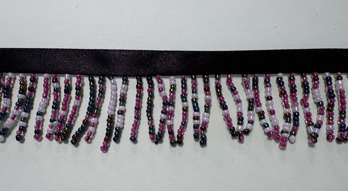 Purple, white and black beaded ribbon trim, 40mm wide, supplied as a 10 metre card