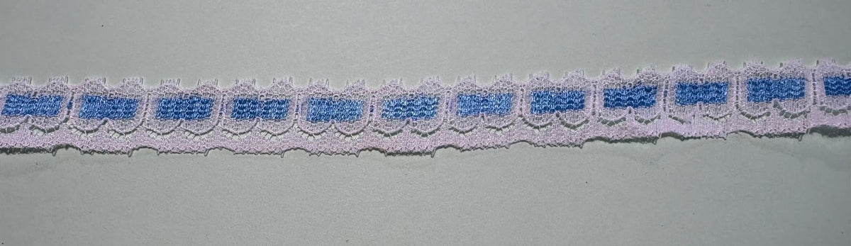 White and blue vintage insert effect lace trim, 15mm wide