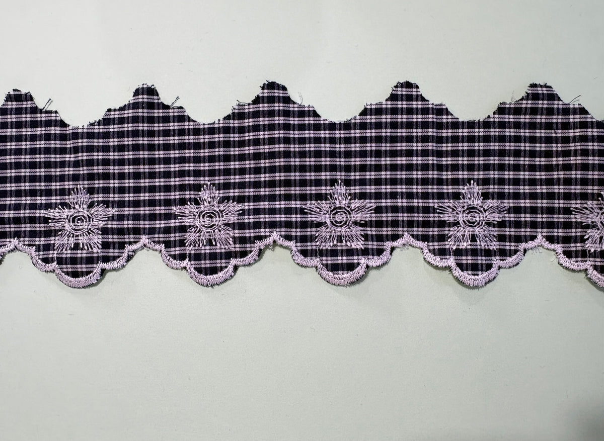 Navy and white gingham lace trim with embroidered floral detail, 85mm wide