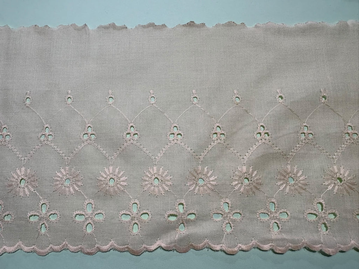 Cream cotton broderie anglaise lace trim with floral cutwork and scalloped edge, 140mm wide