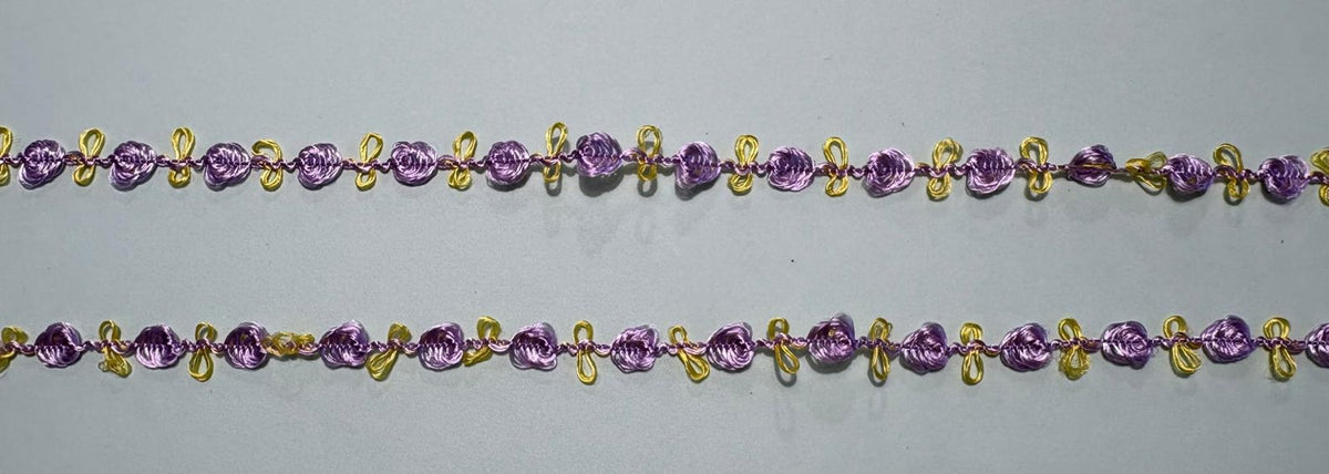 Lilac and yellow silky rose trim, 10mm wide