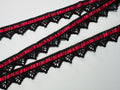 Black cotton crochet lace with red ribbon insert, 30mm wide