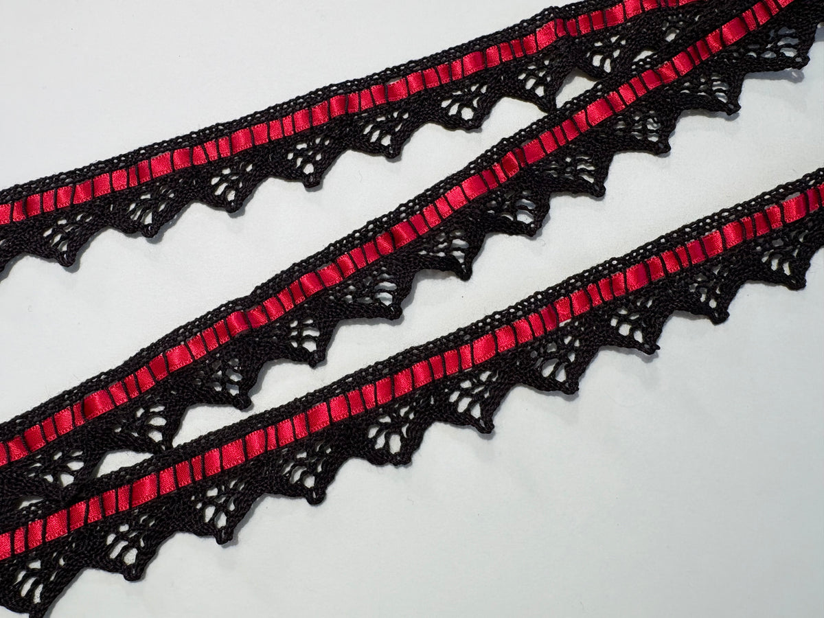 Black cotton crochet lace with red ribbon insert, 30mm wide