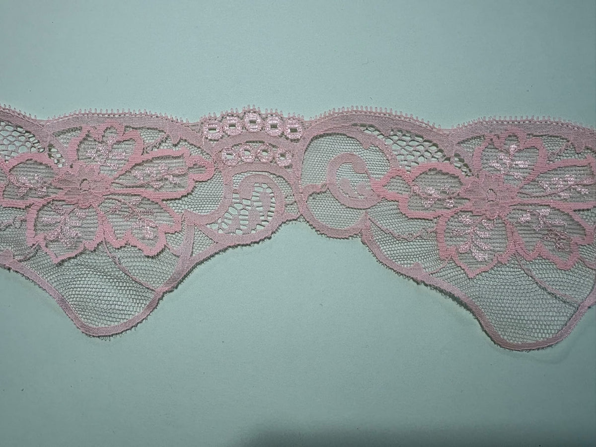 Peachy pink vintage floral lace with ornate embroidered flowers and scalloped edge, 95mm wide