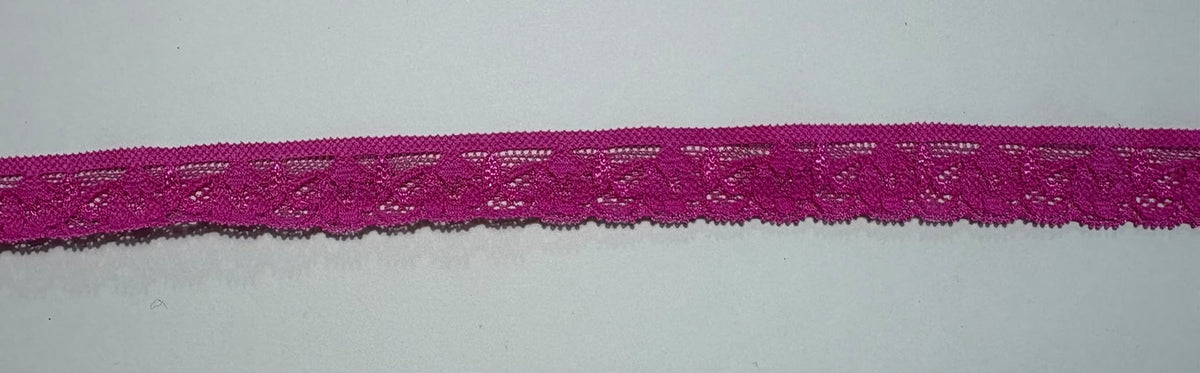 Cerise pink stretch floral lace trim, 15mm wide