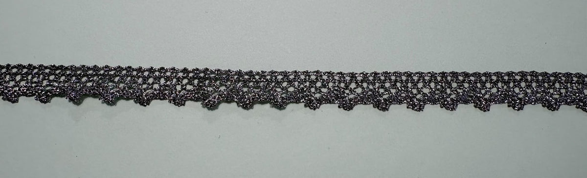 Silver crochet lace trim with openwork pattern and scalloped edge, 20mm wide