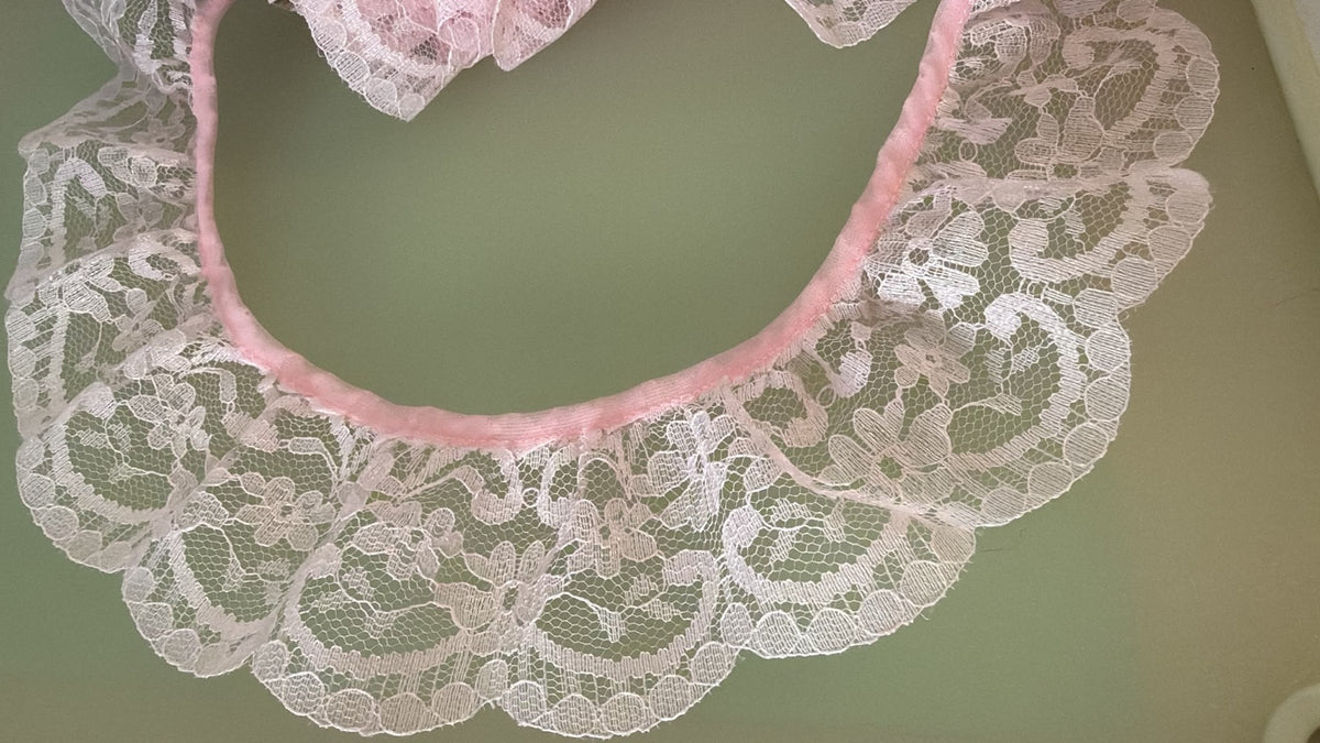 Pink nylon gathered lace, 65mm wide