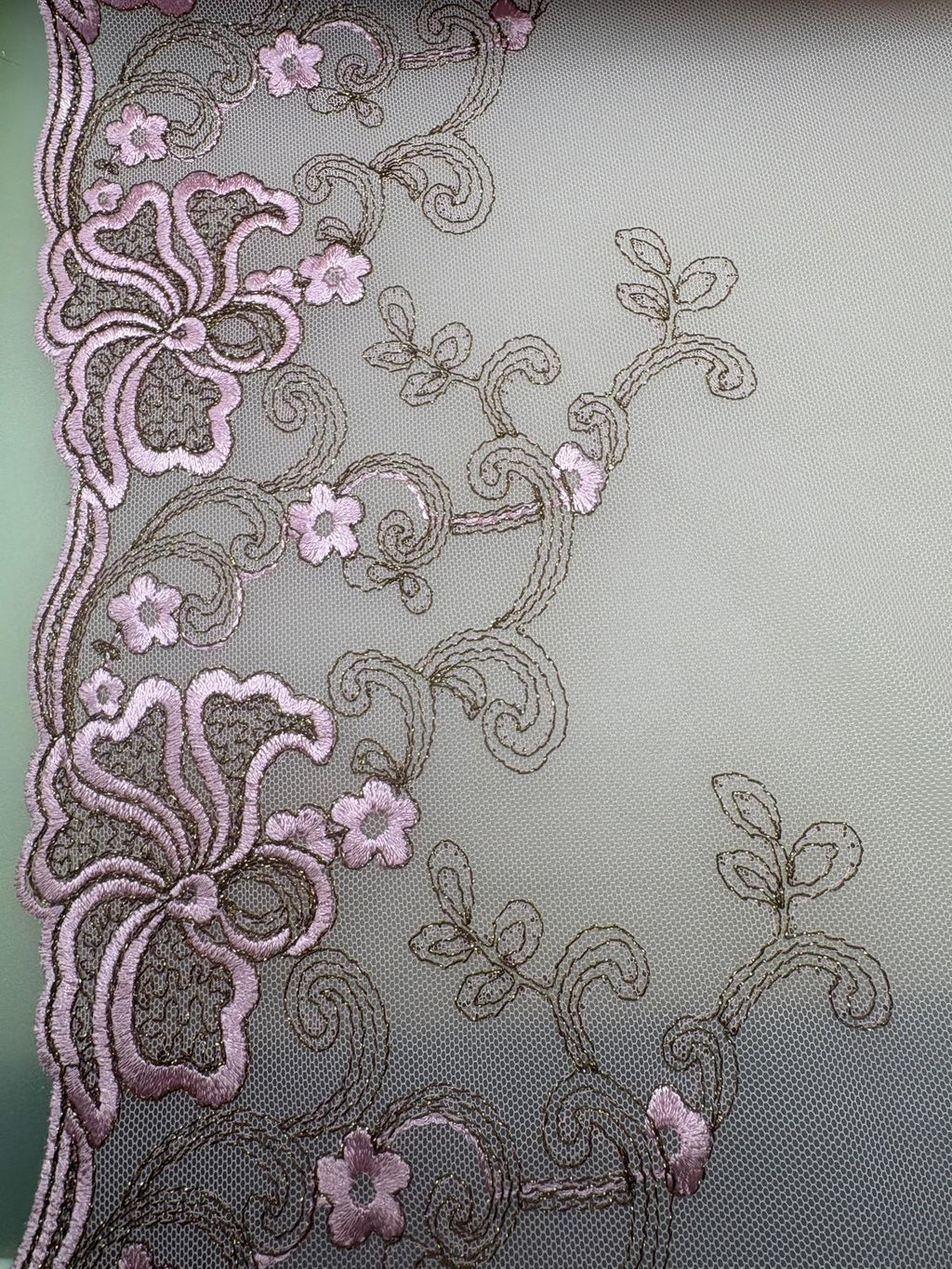 Dusky pink and gold embroidered tulle, 200mm wide — JLL-083