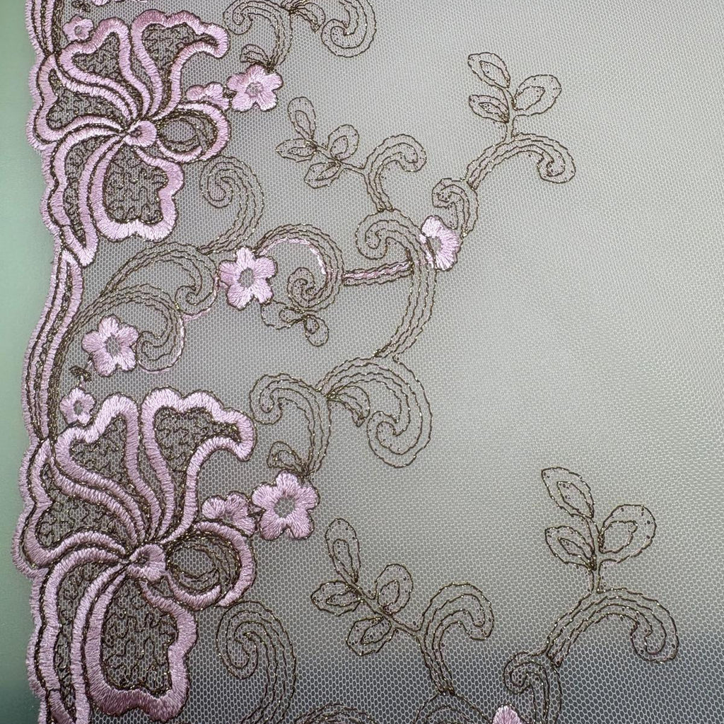 Embroidered Tulle – dusky pink/gold | 200mm Wide — supporting merchandising close-up, same product, inspiration only