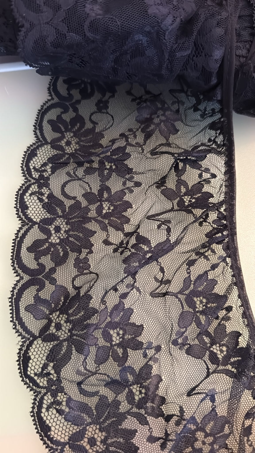 Black gathered floral lace, 5.5 inches wide