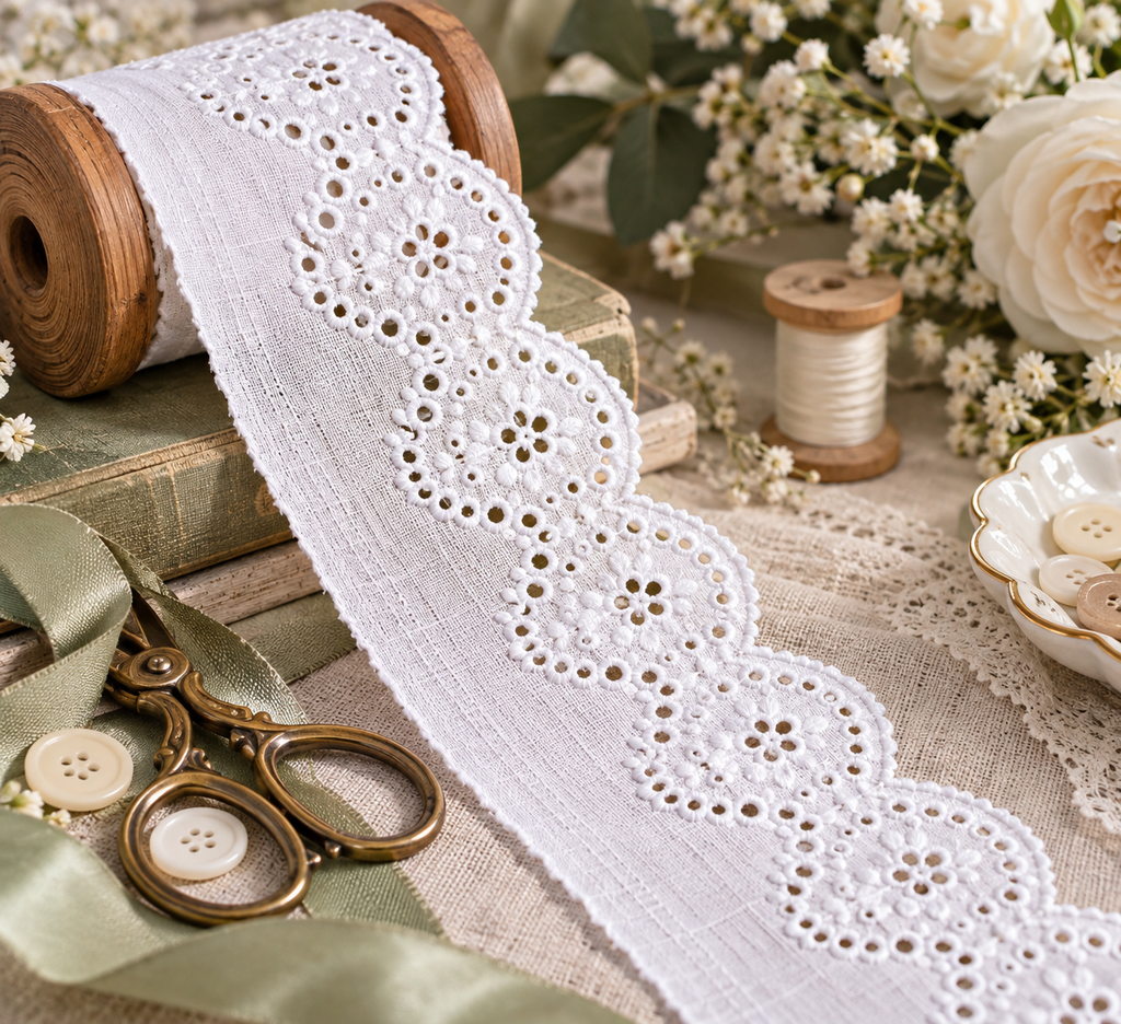 White Broderie Anglaise Lace | 60mm Wide — supporting merchandising image for inspiration only
