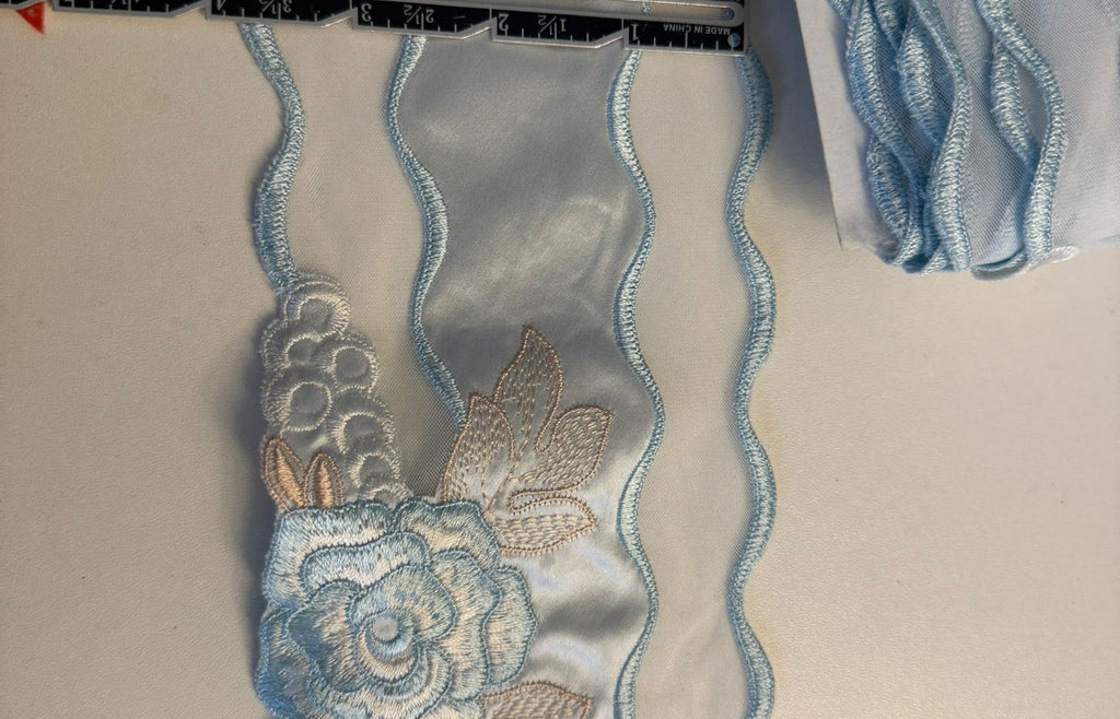 Satin Embroidered Trim – Pale Blue | 100mm Wide — exact-product supporting merchandising detail, same product, inspiration only