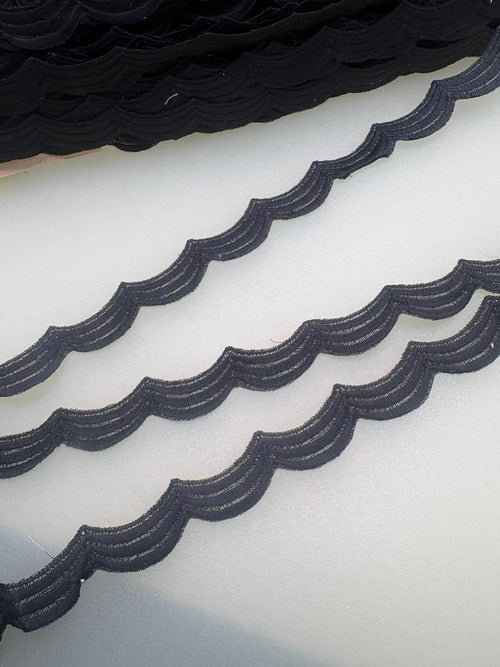 Black Austrian guipure lace with repeating scalloped wave pattern, 12mm wide