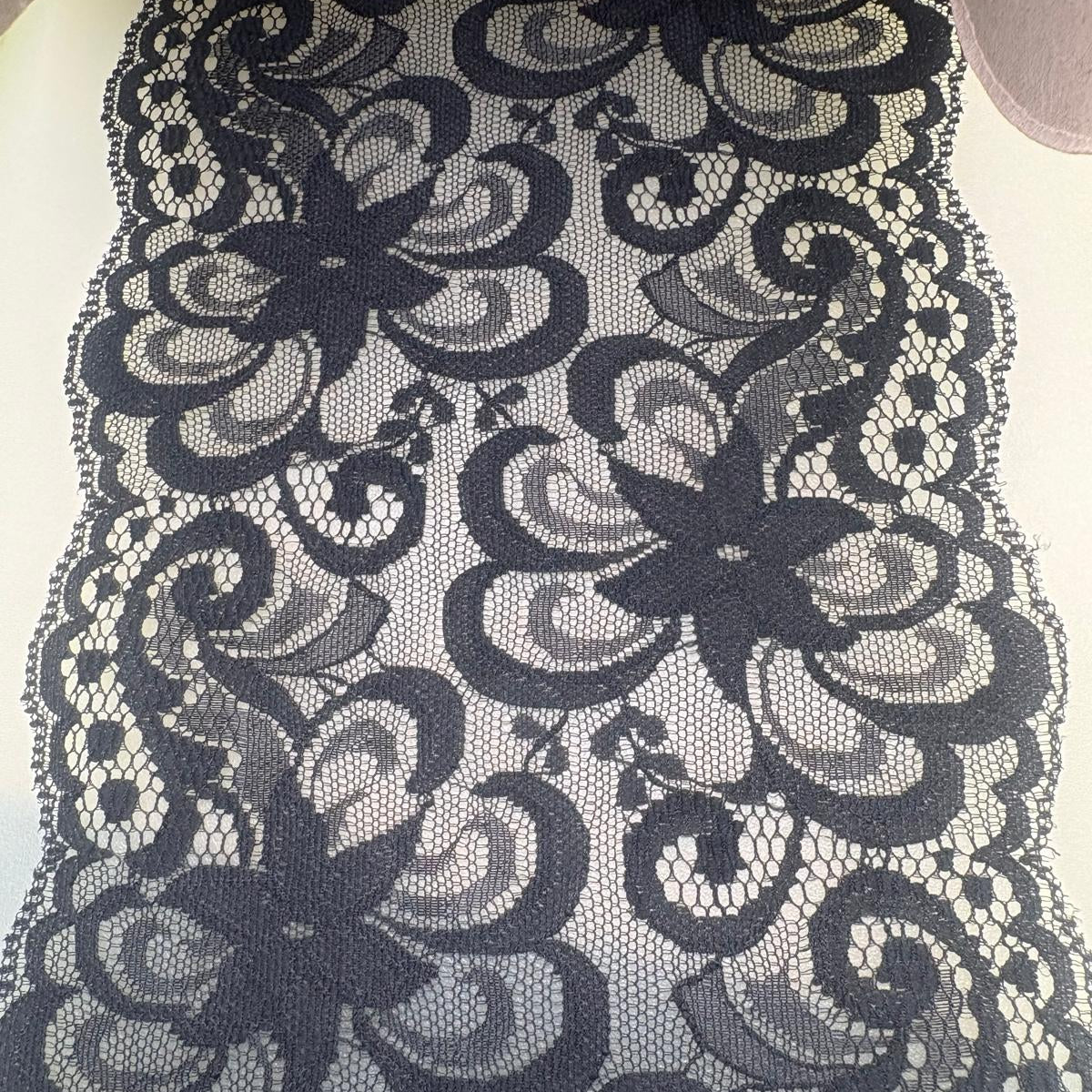 Gathered Lace – Black | 5.5in Wide — supporting merchandising close-up, same product, inspiration only