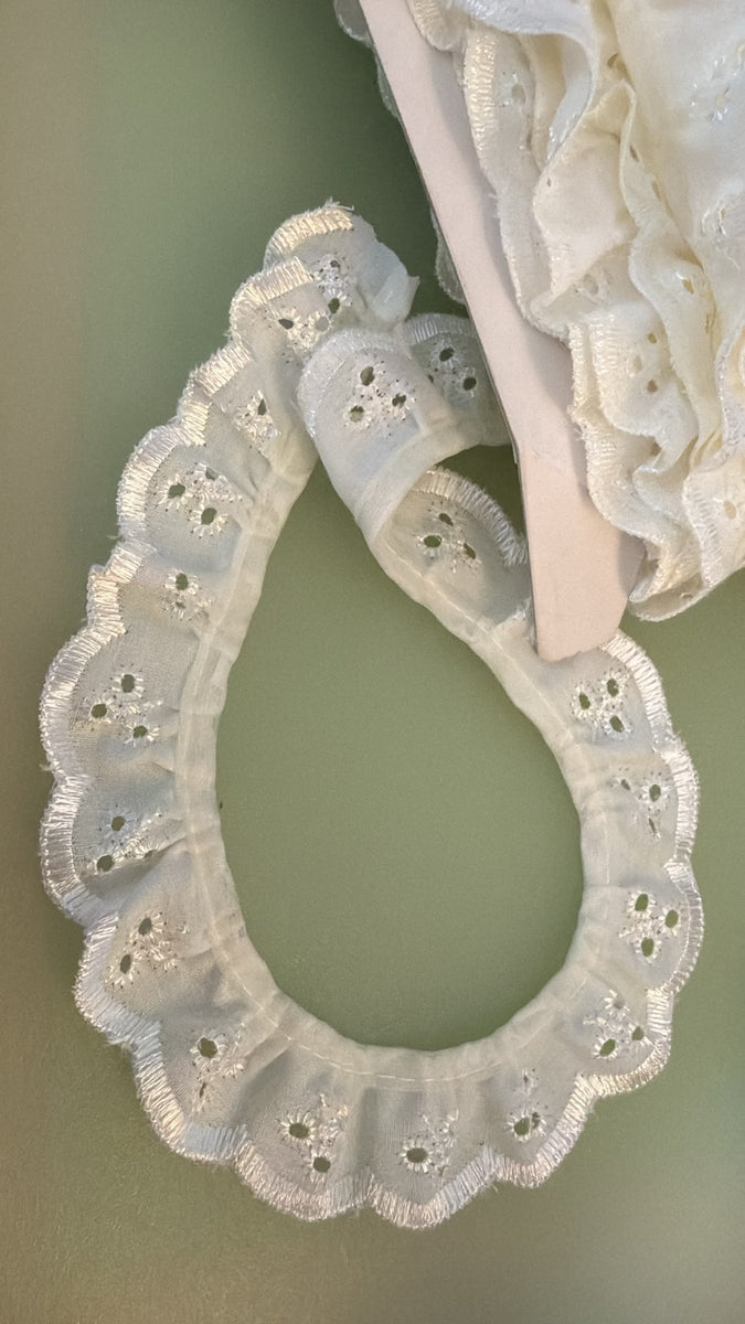 Gathered Broderie Anglaise Lace – Cream | 1 Inch Wide — supporting merchandising detail image, same product, inspiration only
