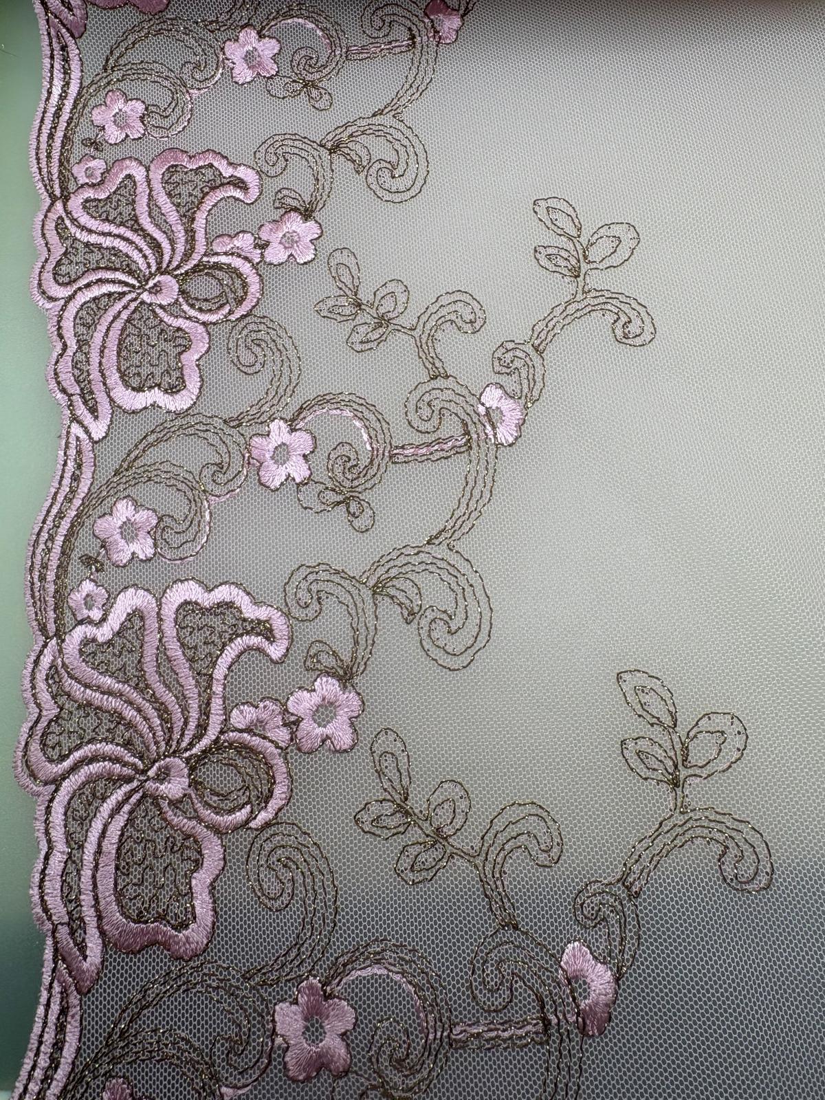 Dusky pink embroidered tulle with gold-toned floral detail