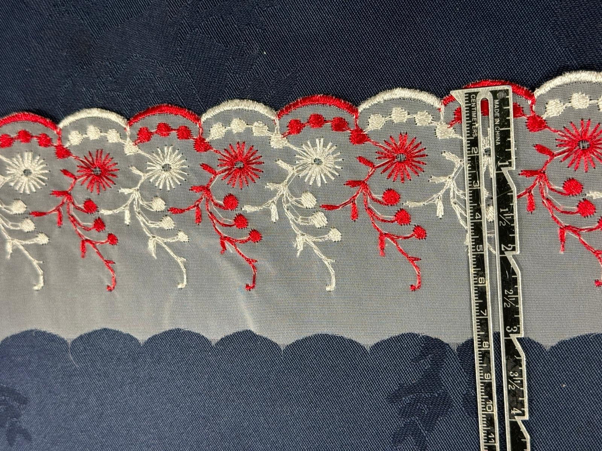 Embroidered Organza Lace – Red & White | 80mm Wide