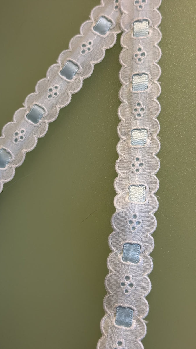 Broderie Anglaise Lace – White with Blue Ribbon Insert | 20mm Wide — supporting merchandising detail image, same product, inspiration only