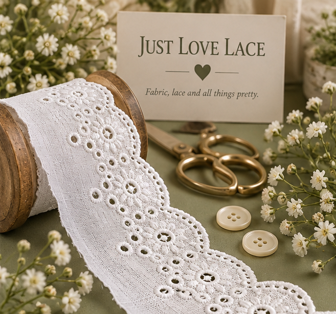 White 60mm Broderie Anglaise lace styled detail with spools and sewing accessories