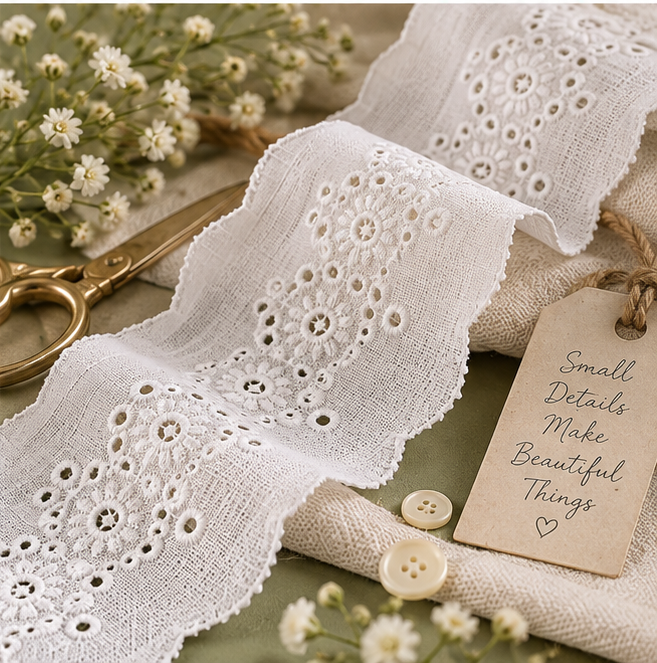White 60mm Broderie Anglaise lace draped with sewing accessories