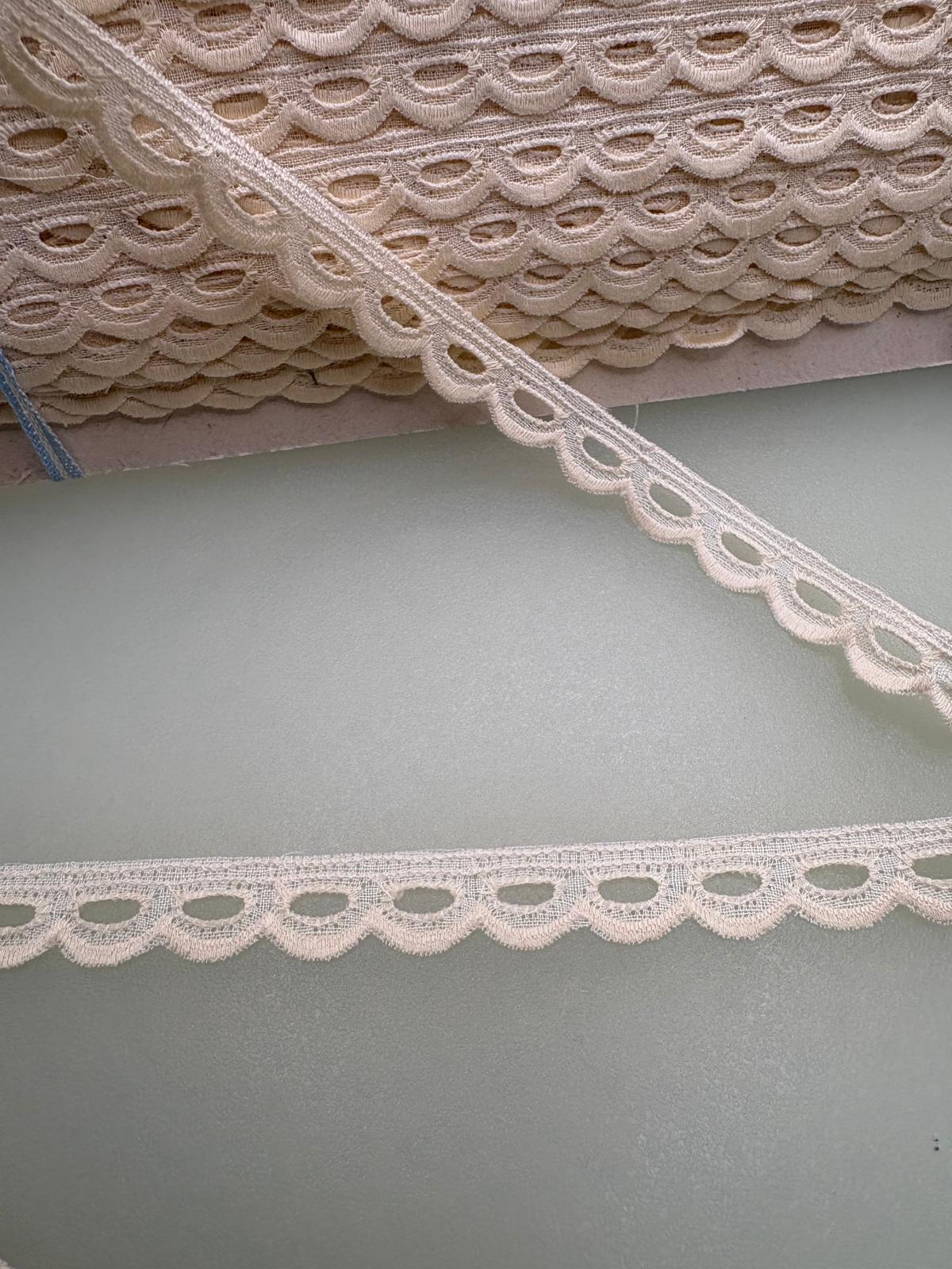 Off-white cotton guipure lace with repeating decorative openwork pattern, 30mm wide
