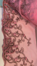 Pink embroidered tulle lace, 9 inch wide