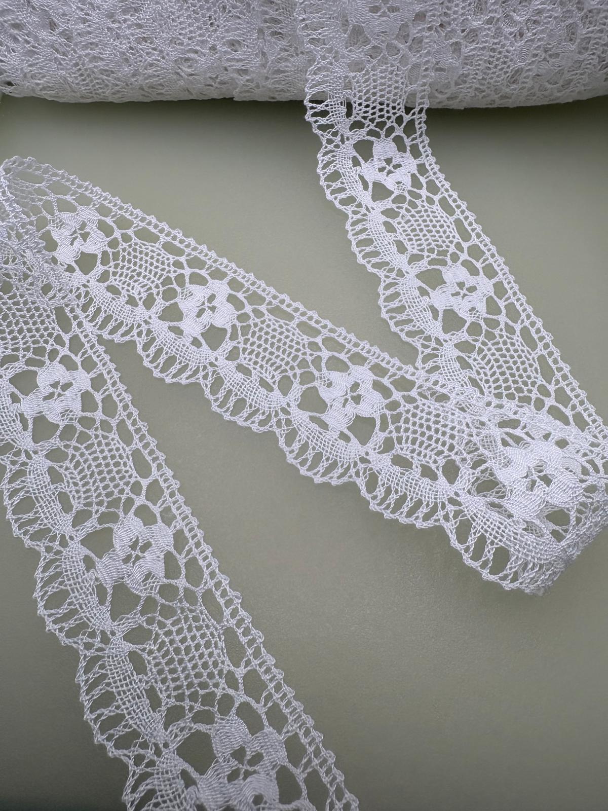 White Austrian broderie anglaise lace with open floral pattern, 50mm wide