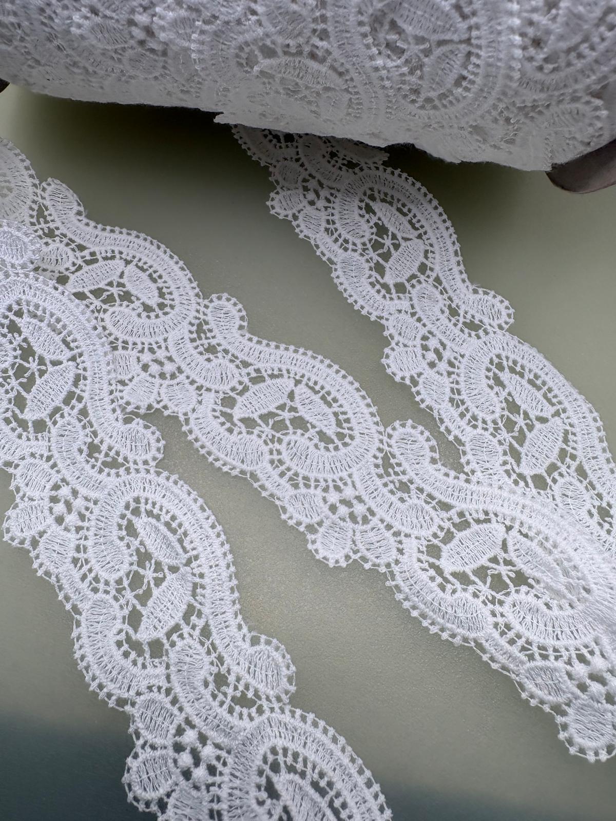 White delicate cotton crochet lace with open floral pattern, 40mm wide