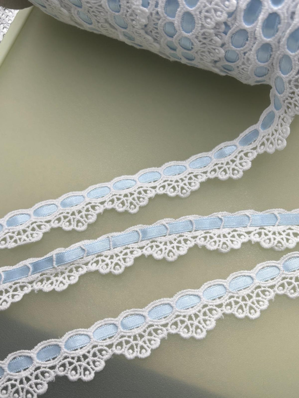 White couture cotton insert lace with pale blue ribbon panels and decorative openwork edging