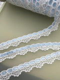 White couture cotton insert lace with pale blue ribbon panels and decorative openwork edging