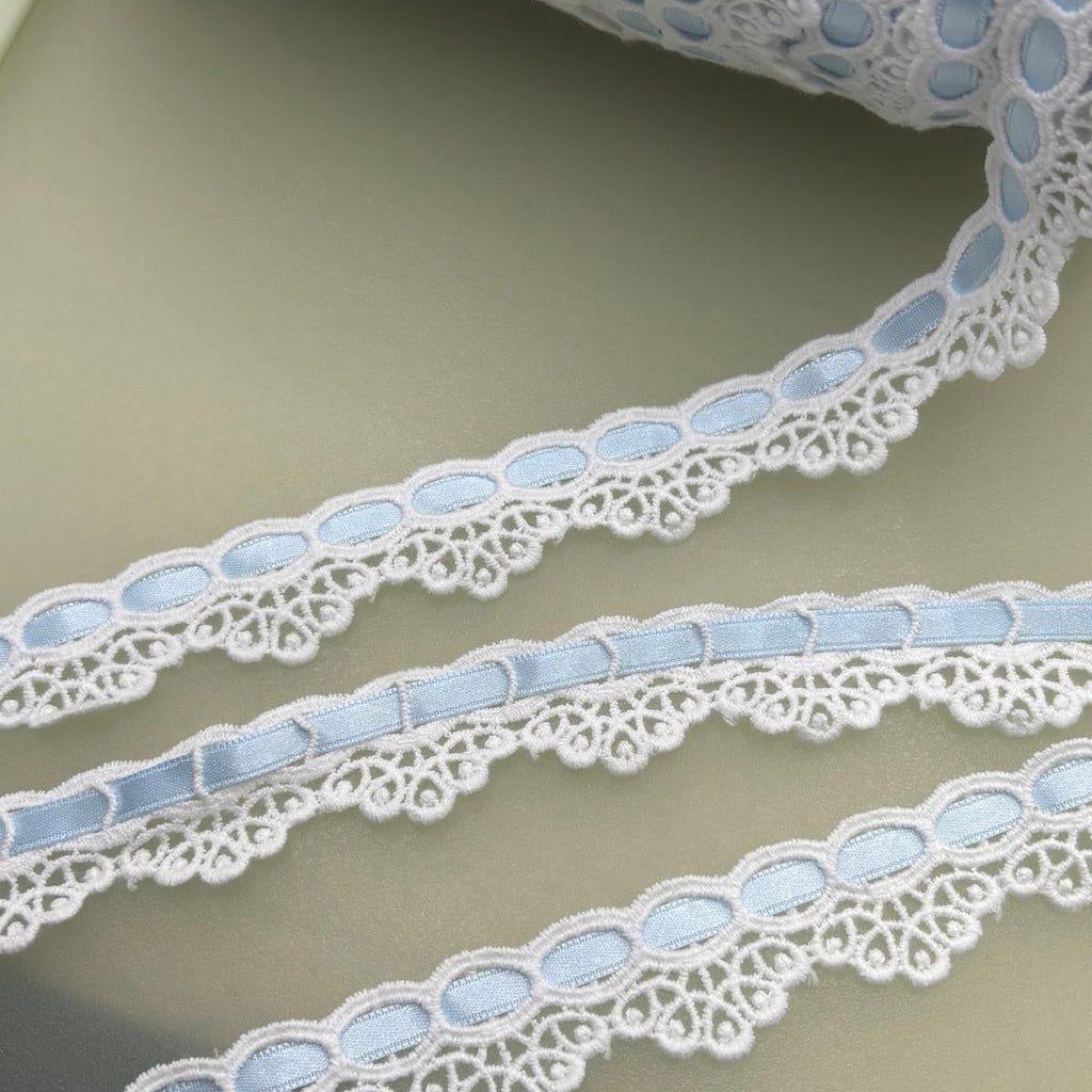White Couture Cotton Insert Lace with Blue Ribbon | 9.2m Piece — supporting merchandising close-up, same product, inspiration only