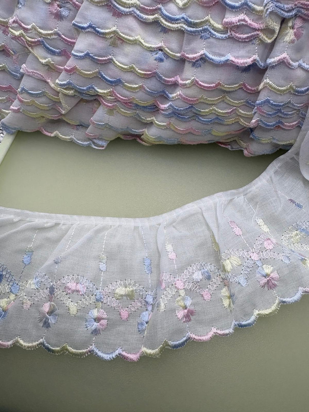 White gathered broderie anglaise with pastel embroidered flowers and frilled edge