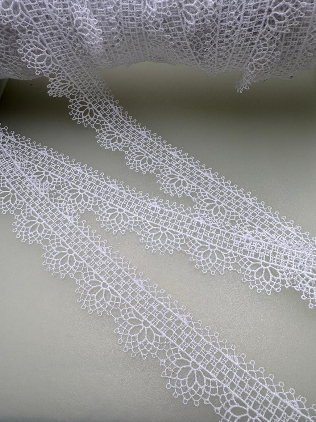 Delicate white nylon lace on fine netting with floral pattern and decorative edging