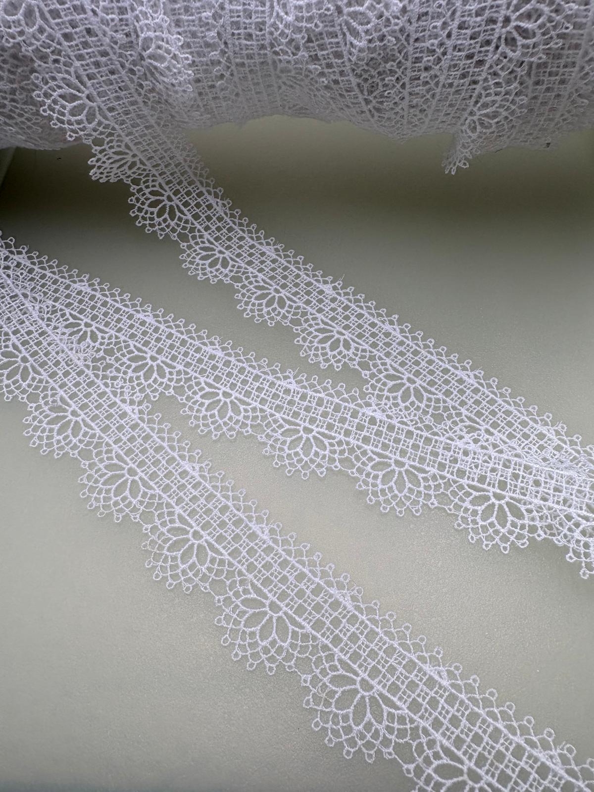 Delicate white nylon lace on fine netting with floral pattern and decorative edging