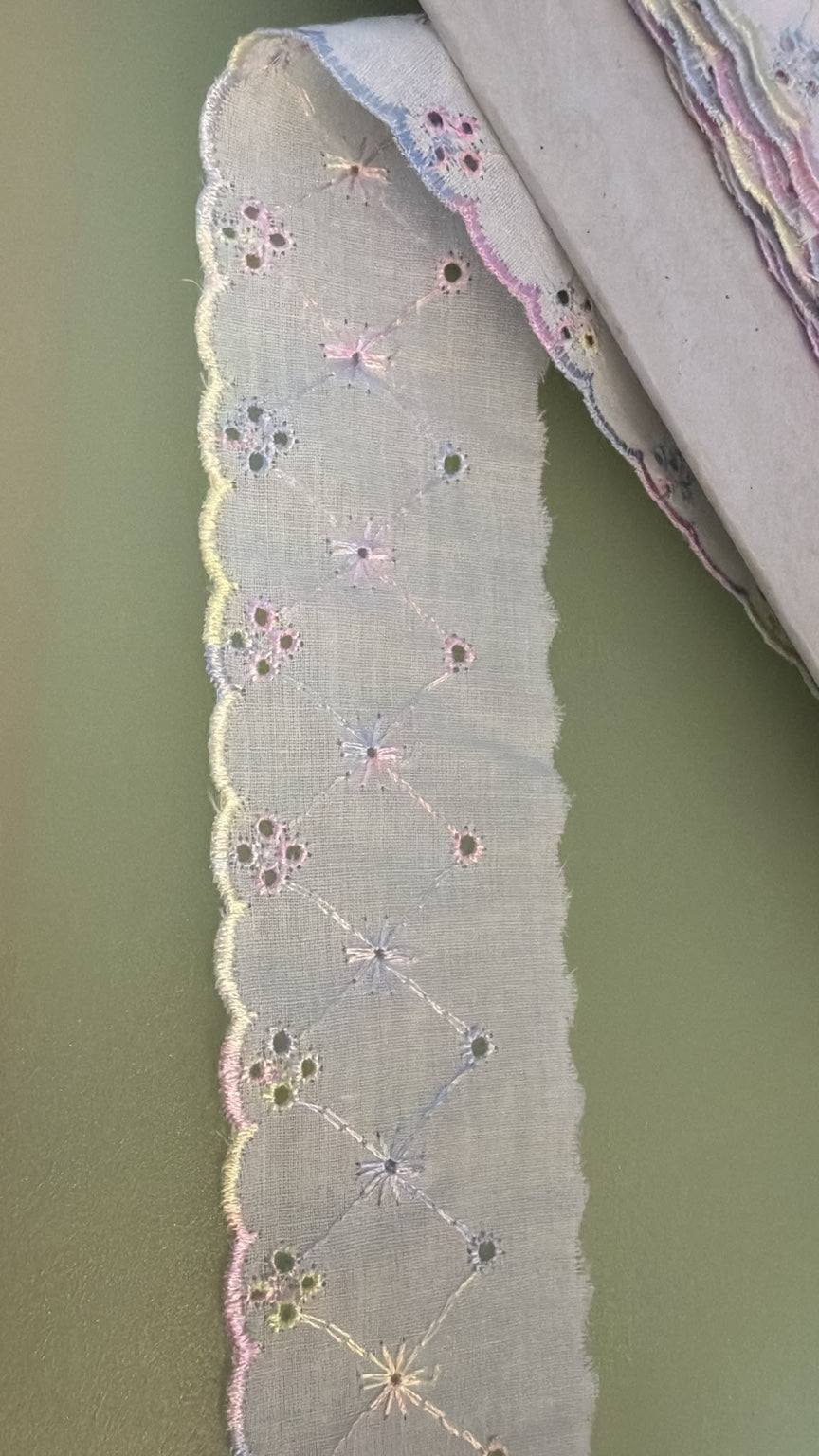 White and pastel broderie anglaise lace, 2 inches wide
