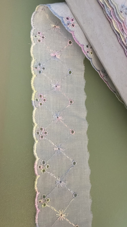 White and pastel broderie anglaise lace, 2 inches wide