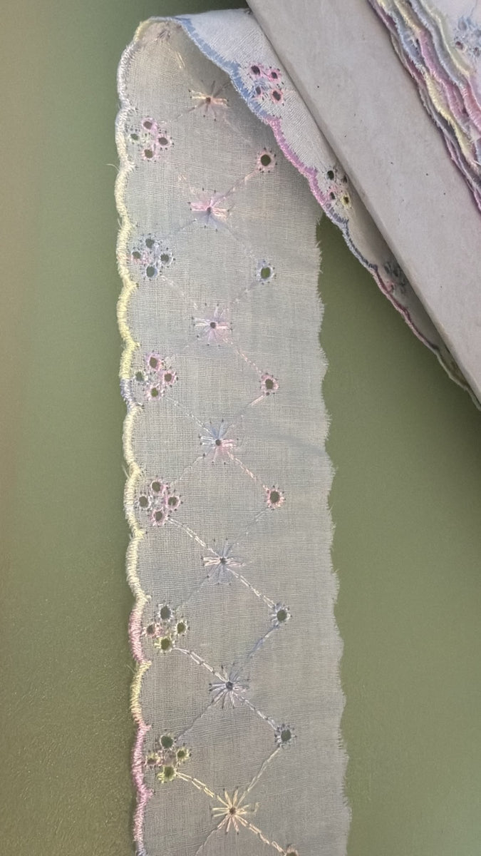 Broderie Anglaise Lace – White & Pastel | 2 Inch Wide — supporting merchandising close detail, same product, inspiration only